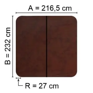 Brun Spalock 216,5 cm x 232 cm med en hjørneradius på 27 cm.